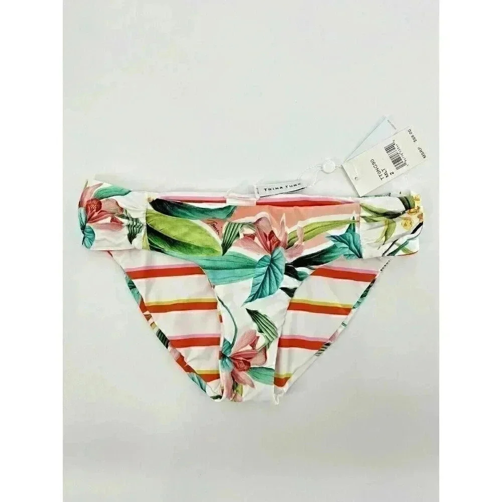 $68 Trina Turk Women's White Striped Floral Reversible Hipster Bikini Bottoms 2